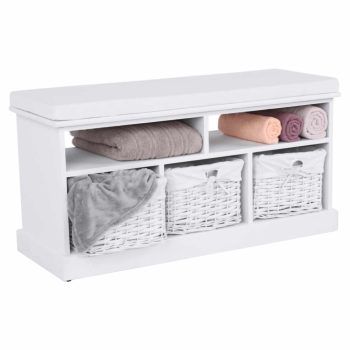   Pad, 3 fonott kosárral, 2 polc, fa+vesszők, fehér, RAFAELLO