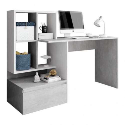 PC asztal, beton/fehér matt, NEREO