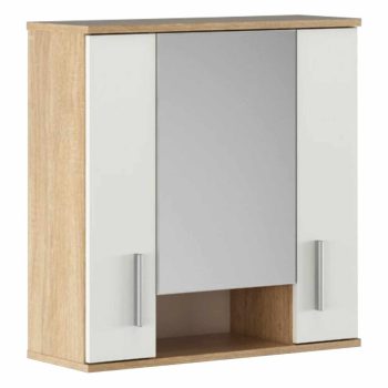   Faliszekrény tükörrel, sonoma tölgy/matt fehér, LESSY NEW 01 , Barna , Üveg