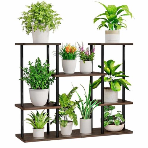 Fém virágtartó állvány, fekete/rusztikus fa, LEDER | Fekete | MDF