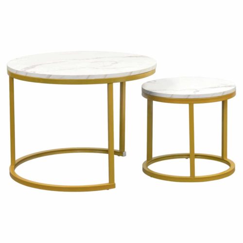 Dohányzóasztal, 2 db-os szett, arany/márvány imitáció, DAMON | Fehér | MDF