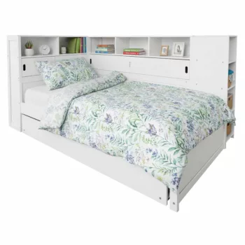   Ágy polcokkal és pótággyal, fehér, 90x200, LENDON | Fehér | Fenyő