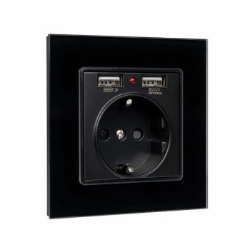 GERMAN TYPE SOCKET 16A 2XUSB GLASS FRAME BL+C. BOX