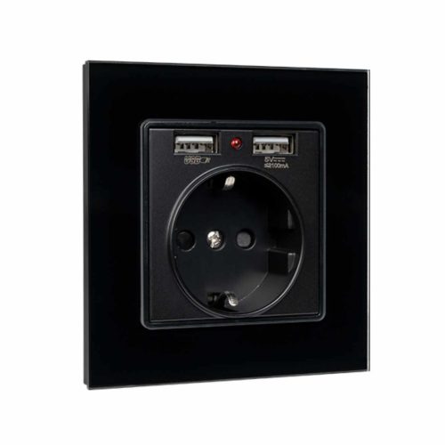 GERMAN TYPE SOCKET 16A 2XUSB GLASS FRAME BL+C. BOX