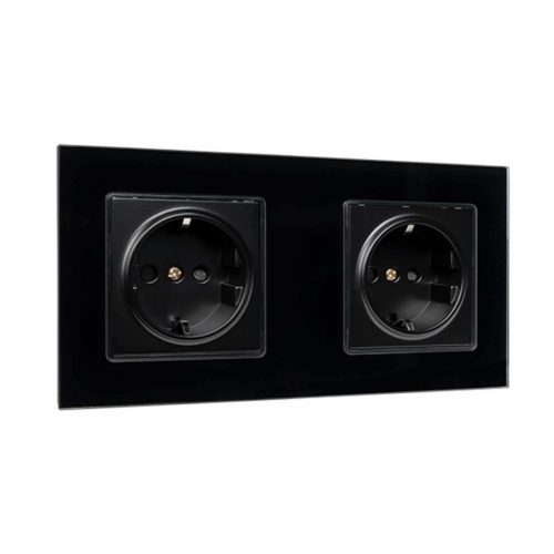GERMAN DOUBLE SOCKET 16A GLASS FRAME BLACK+C. BOX